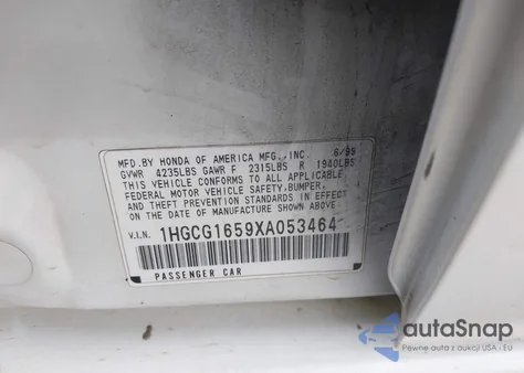 1999 Honda Accord Ex V6 из США, поврежденный, VIN 1HGCG1659XA053464